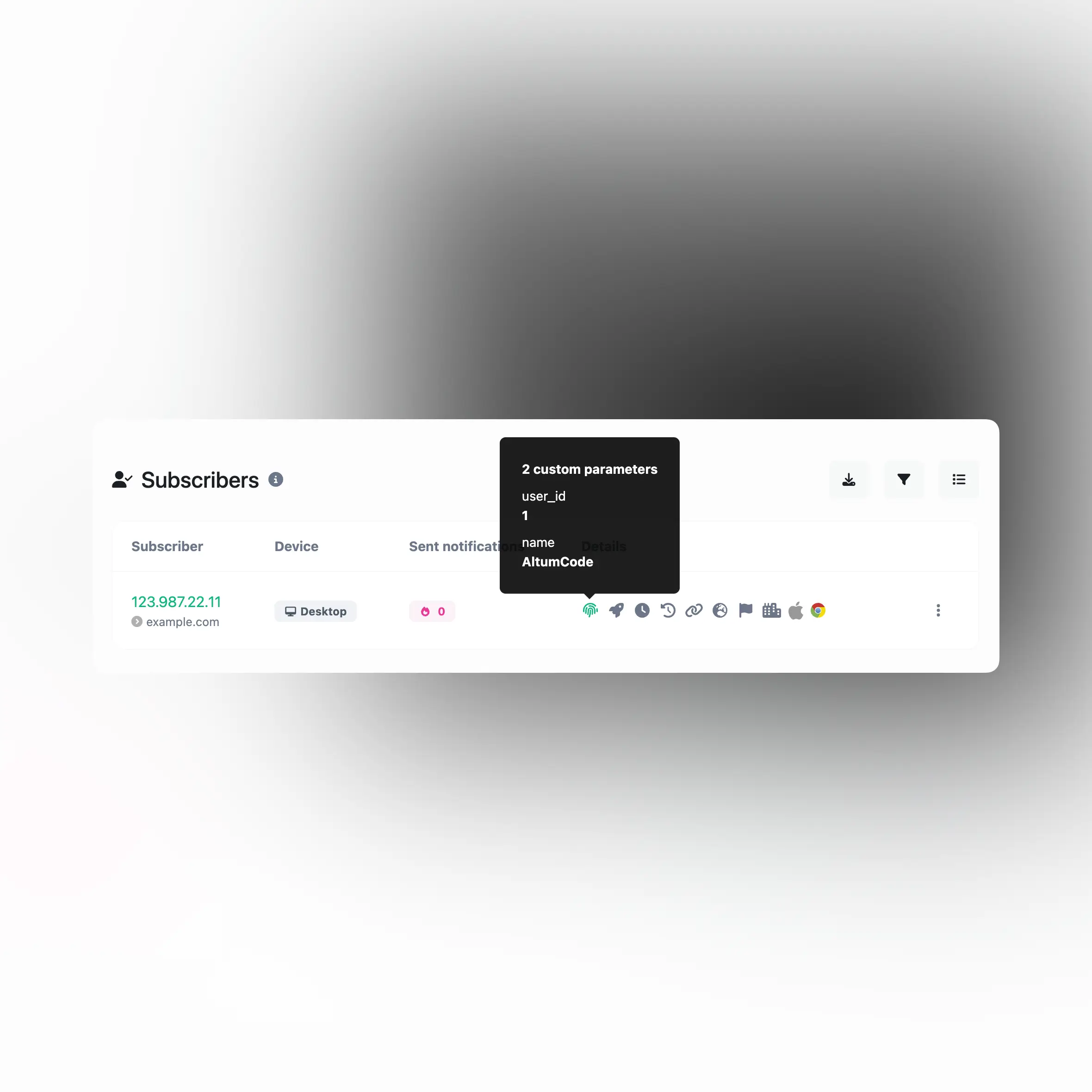 Captura de tela do recurso de rastreamento de parâmetros personalizados para assinantes do aplicativo